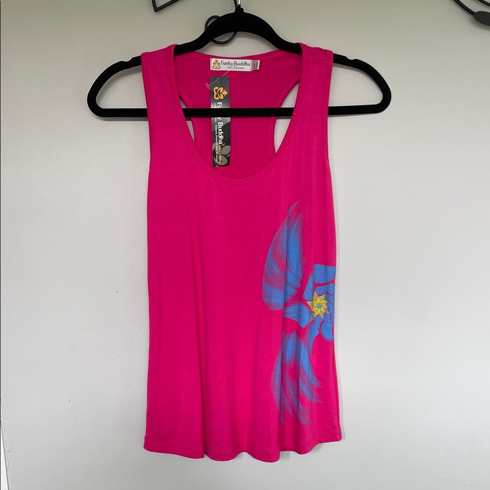 Vibrant Pink Tank Top with Blue Floral Accent